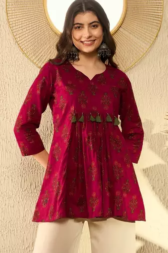 Ahika women maroon cotton blend ethnic motifs printed peplum tunic