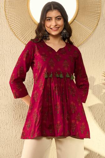 Ahika women maroon cotton blend ethnic motifs printed peplum tunic