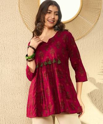 Ahika women maroon cotton blend ethnic motifs printed peplum tunic 3