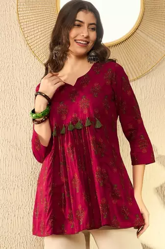 Ahika women maroon cotton blend ethnic motifs printed peplum tunic