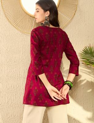 Ahika women maroon cotton blend ethnic motifs printed peplum tunic 4