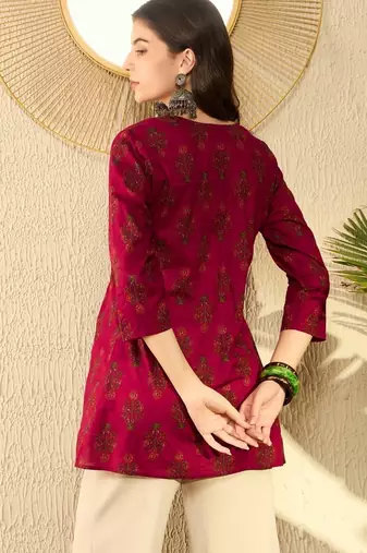 Ahika women maroon cotton blend ethnic motifs printed peplum tunic