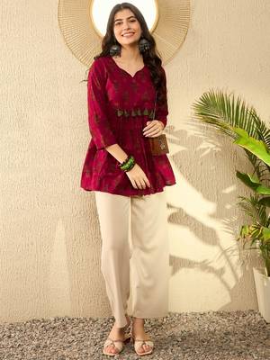 Ahika women maroon cotton blend ethnic motifs printed peplum tunic 5