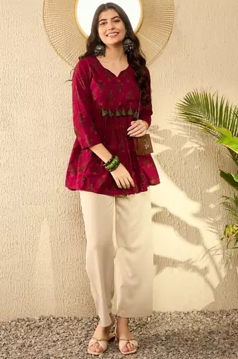 Ahika women maroon cotton blend ethnic motifs printed peplum tunic