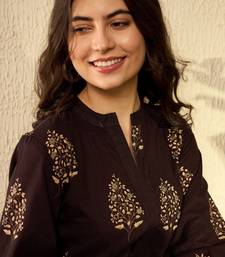 women brown cotton blend ethnic motifs printed regular tunic