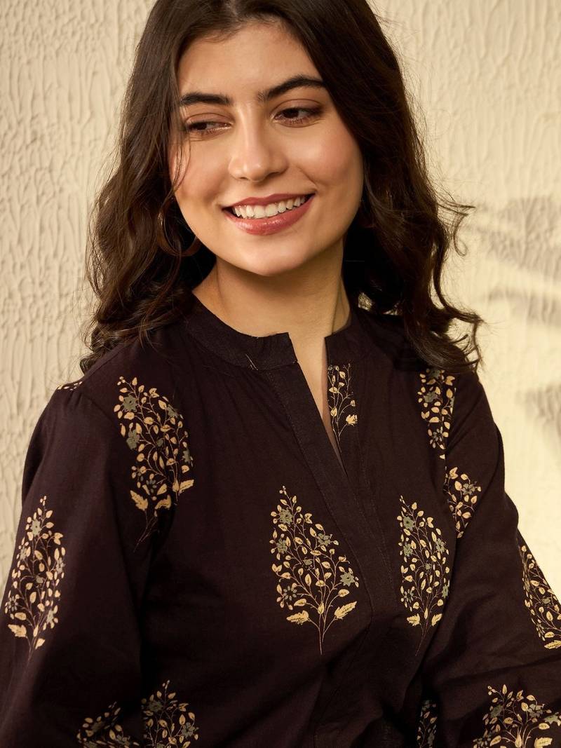 women brown cotton blend ethnic motifs printed regular tunic