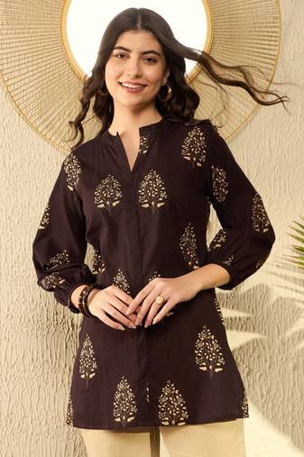 women brown cotton blend ethnic motifs printed regular tunic