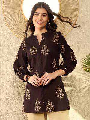 women brown cotton blend ethnic motifs printed regular tunic 1
