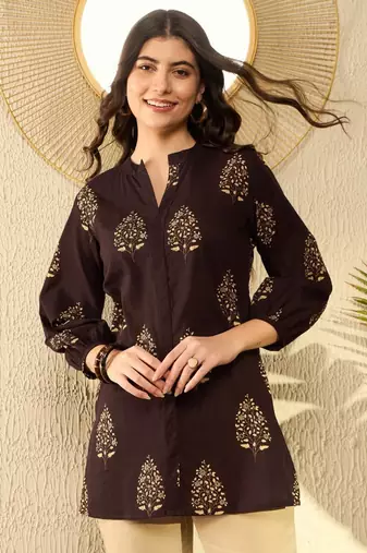 women brown cotton blend ethnic motifs printed regular tunic