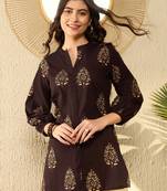 women brown cotton blend ethnic motifs printed regular tunic
