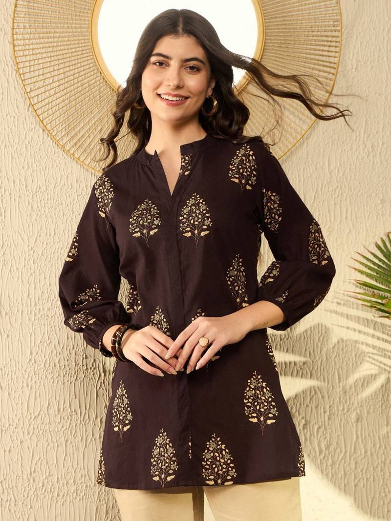 women brown cotton blend ethnic motifs printed regular tunic
