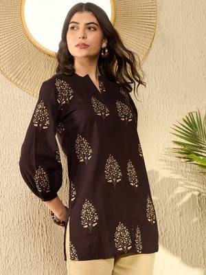 women brown cotton blend ethnic motifs printed regular tunic 3