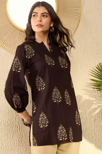 women brown cotton blend ethnic motifs printed regular tunic