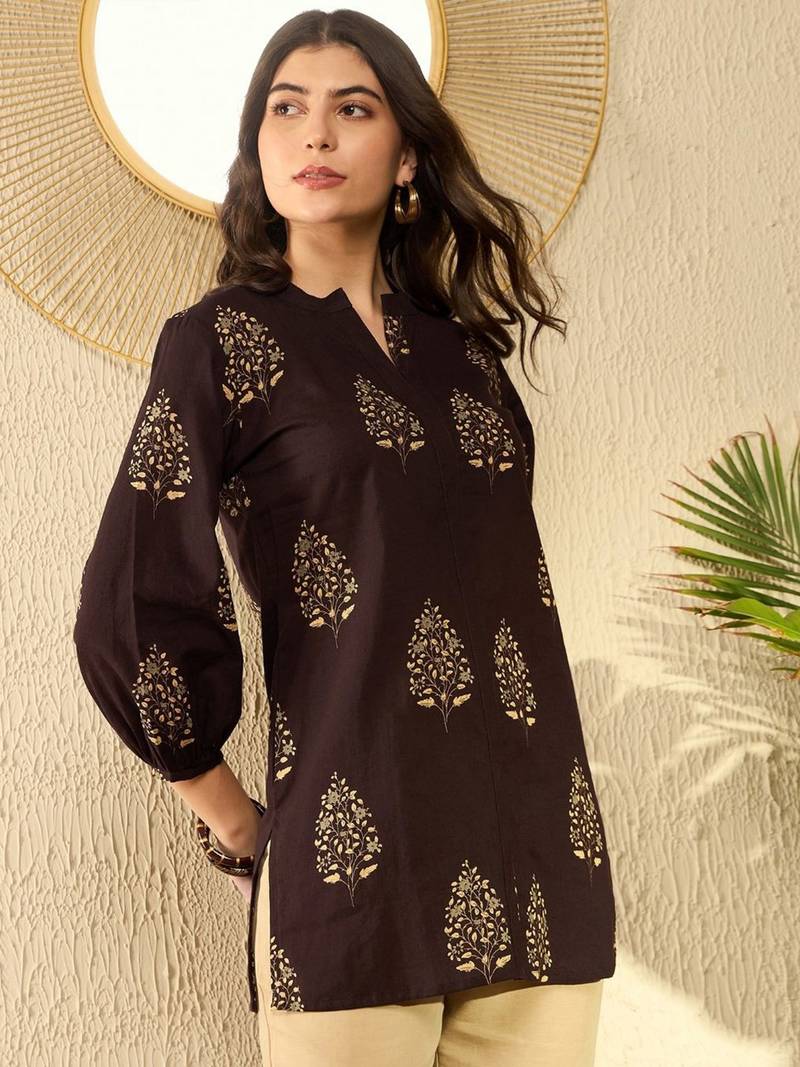 women brown cotton blend ethnic motifs printed regular tunic