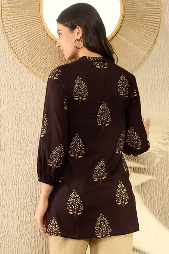 women brown cotton blend ethnic motifs printed regular tunic