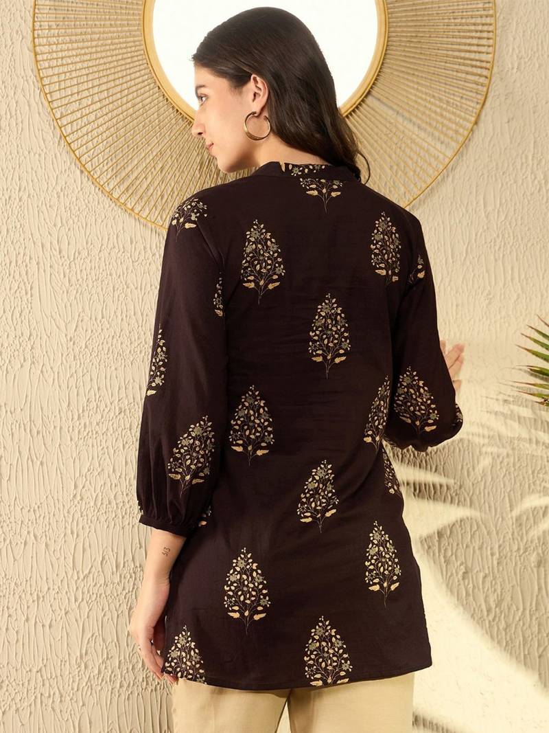 women brown cotton blend ethnic motifs printed regular tunic