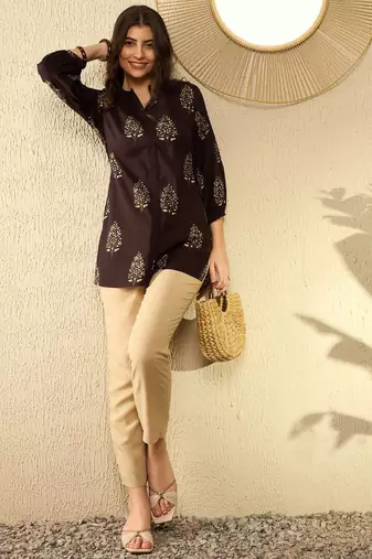 women brown cotton blend ethnic motifs printed regular tunic