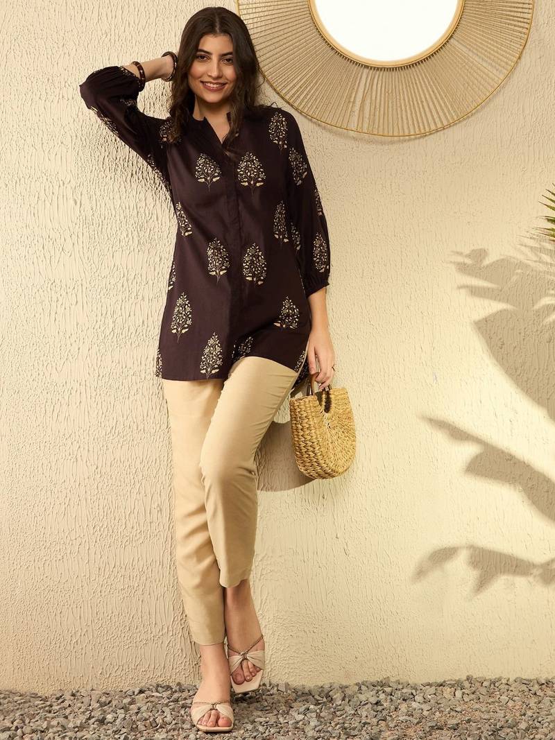 women brown cotton blend ethnic motifs printed regular tunic