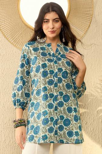 women white cotton blend floral printed regular tunic