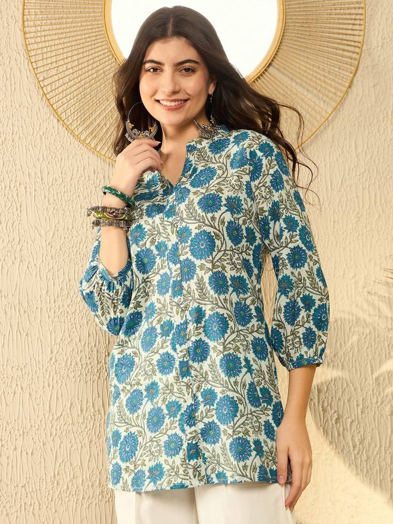 women white cotton blend floral printed regular tunic