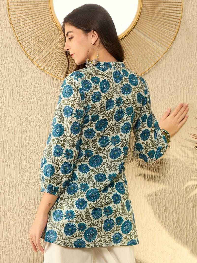 women white cotton blend floral printed regular tunic