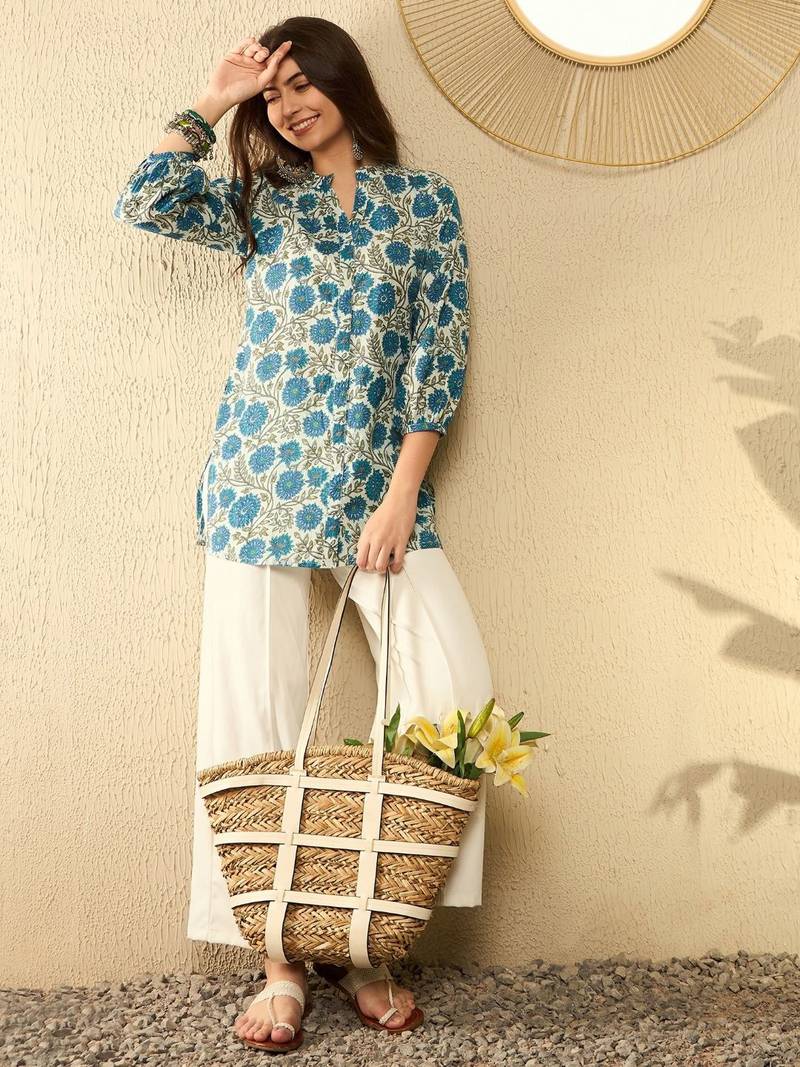 women white cotton blend floral printed regular tunic