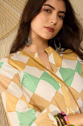 women white cotton blend geometric printed regular tunic