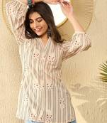 women peach cotton blend striped printed regular tunic
