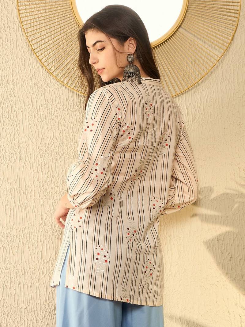 women peach cotton blend striped printed regular tunic