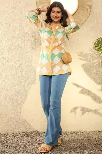 women white cotton blend geometric printed regular tunic