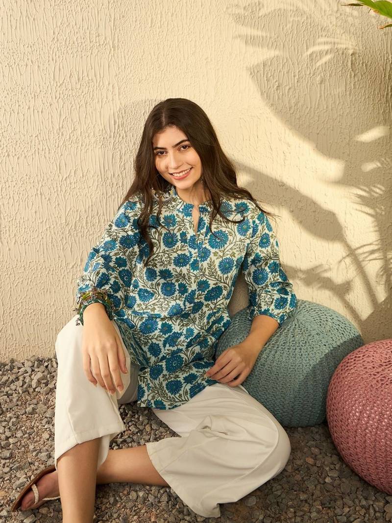 women white cotton blend floral printed regular tunic