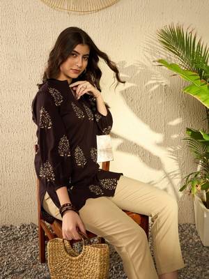 women brown cotton blend ethnic motifs printed regular tunic 6