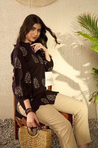 women brown cotton blend ethnic motifs printed regular tunic