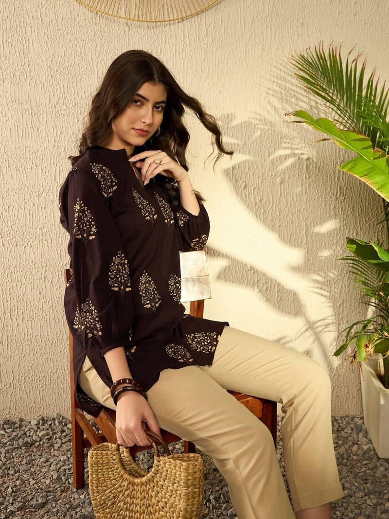 women brown cotton blend ethnic motifs printed regular tunic