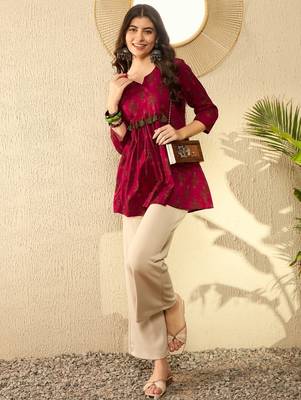 Ahika women maroon cotton blend ethnic motifs printed peplum tunic 6