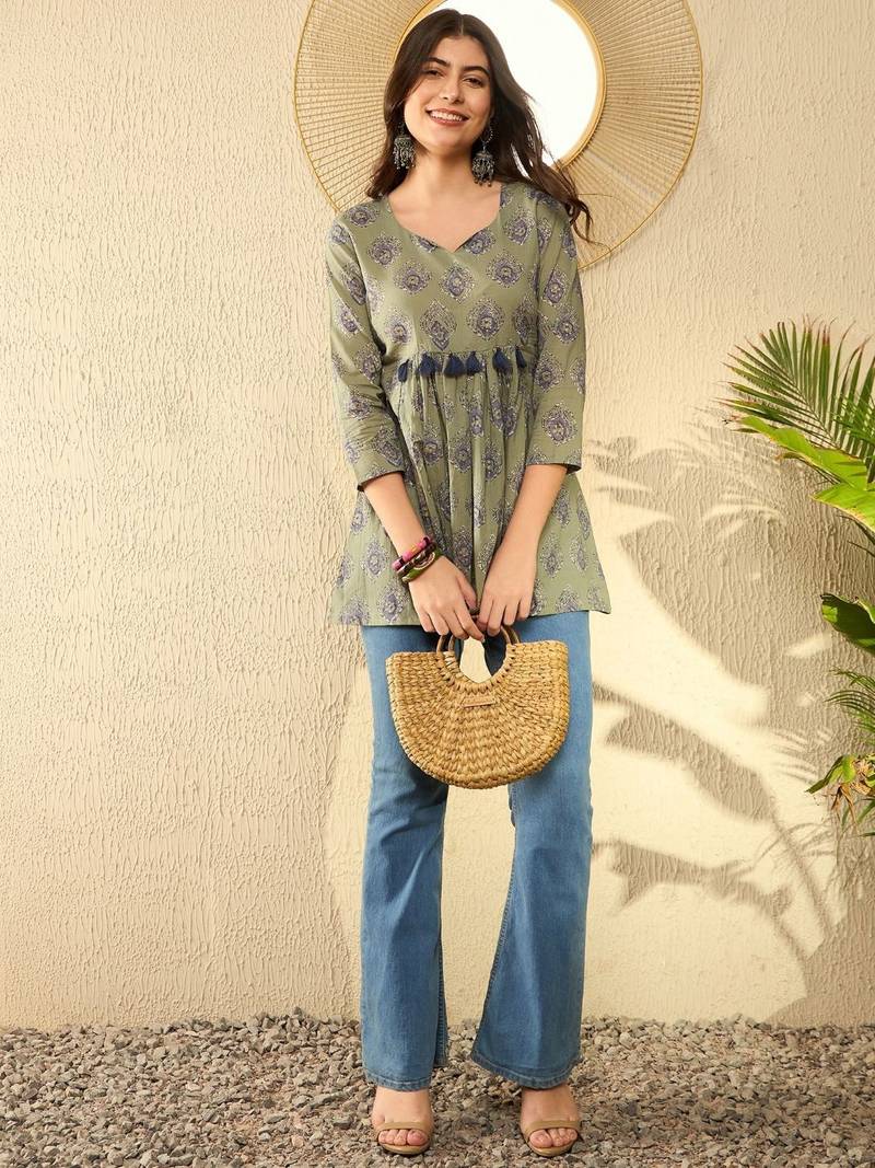 green cotton blend ethnic motifs printed peplum tunic