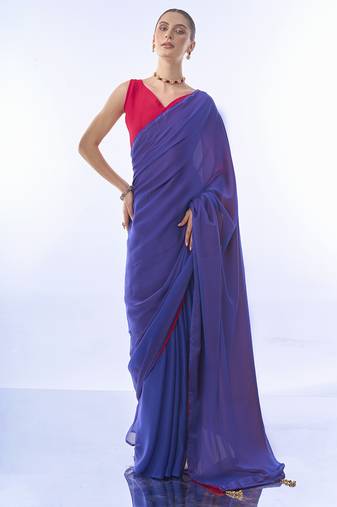 Blue And Pink Colour Block Georgette Fabric Saree With Blouse