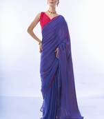 Blue And Pink Colour Block Georgette Fabric Saree With Blouse