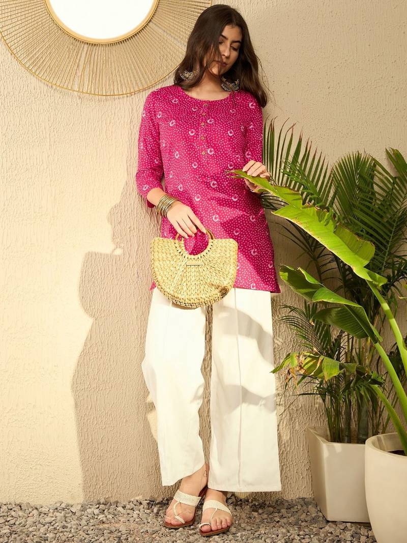 women pink cotton blend bandhani printed regular tunic