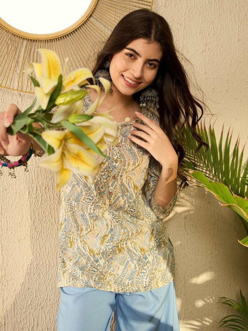 women blue cotton blend abstract printed regular tunic