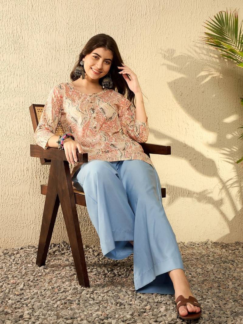 women red cotton blend abstract printed regular tunic