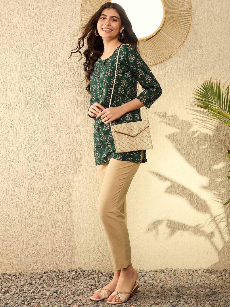 women green cotton blend ethnic motifs printed regular tunic