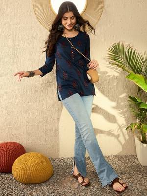 women navy blue cotton blend ethnic motifs printed regular tunic 6