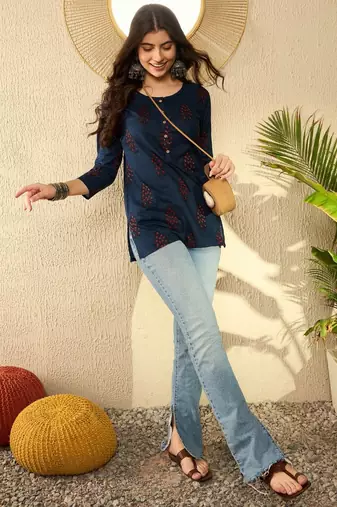 women navy blue cotton blend ethnic motifs printed regular tunic