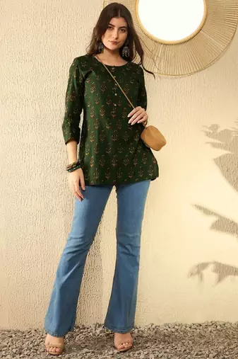 women green cotton blend ethnic motifs printed regular tunic