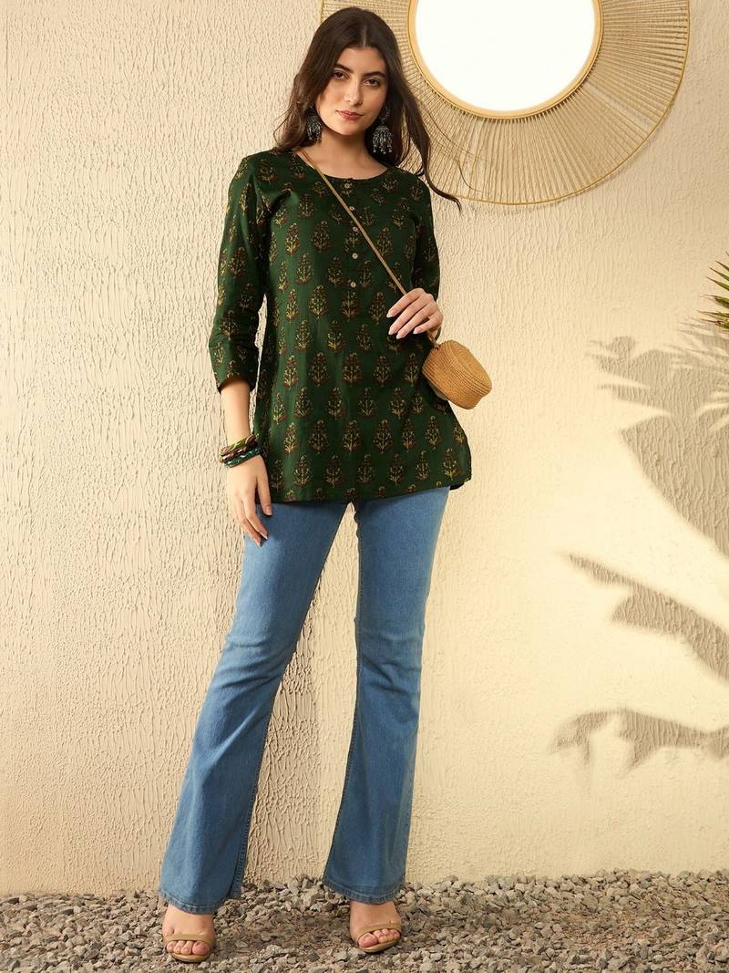 women green cotton blend ethnic motifs printed regular tunic