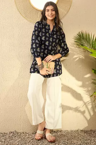 Ahika women navy blue cotton blend ethnic motifs printed regular tunic