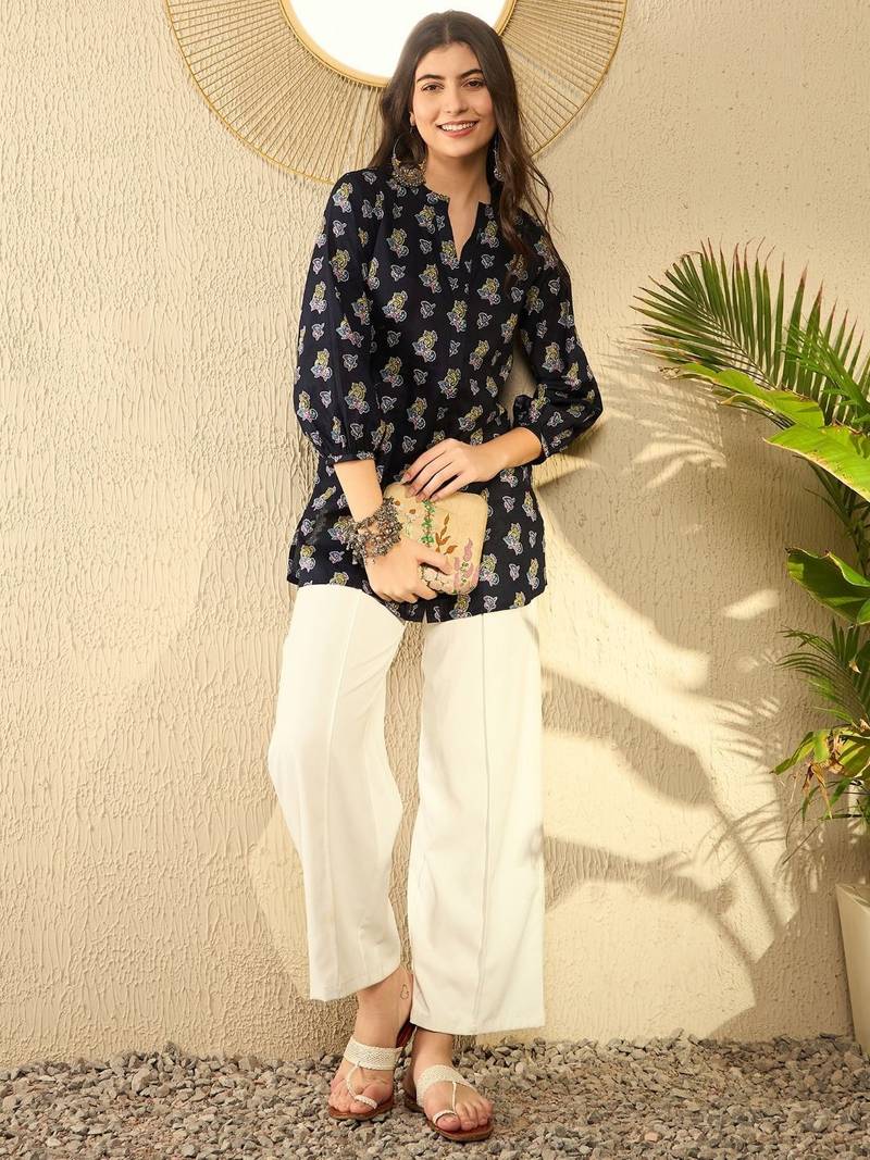 Ahika women navy blue cotton blend ethnic motifs printed regular tunic