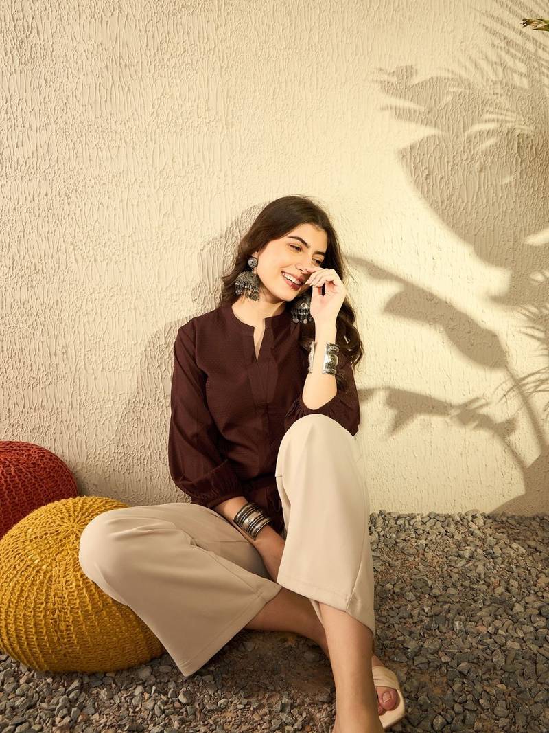 women brown polyester solid solid regular tunic