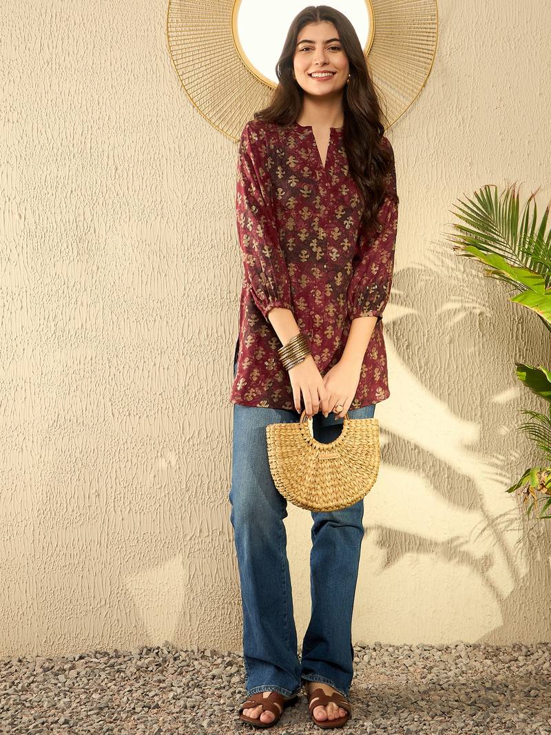 maroon abstract printed regular tunic